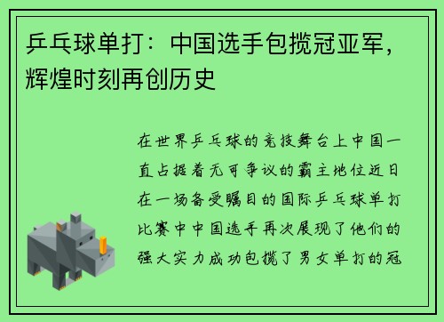 乒乓球单打：中国选手包揽冠亚军，辉煌时刻再创历史