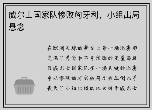 威尔士国家队惨败匈牙利，小组出局悬念