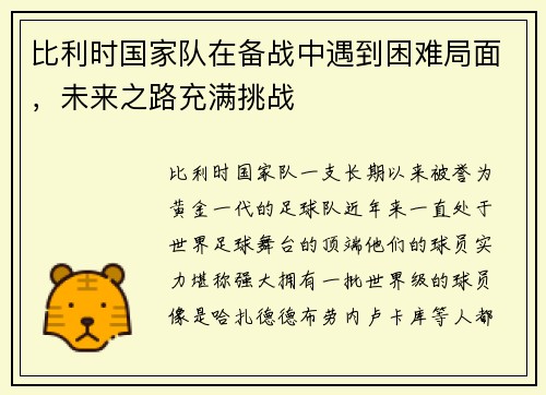 比利时国家队在备战中遇到困难局面，未来之路充满挑战
