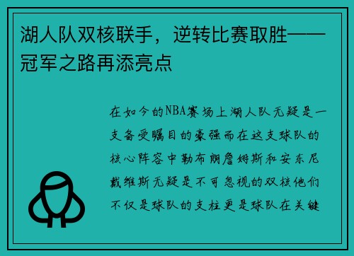 湖人队双核联手，逆转比赛取胜——冠军之路再添亮点