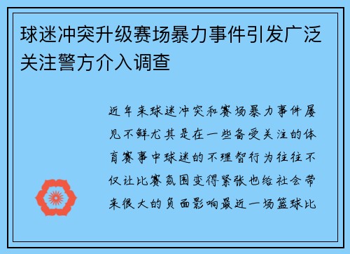球迷冲突升级赛场暴力事件引发广泛关注警方介入调查