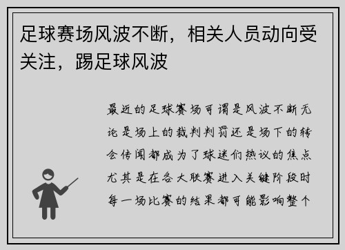 足球赛场风波不断，相关人员动向受关注，踢足球风波