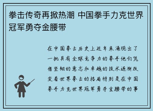 拳击传奇再掀热潮 中国拳手力克世界冠军勇夺金腰带